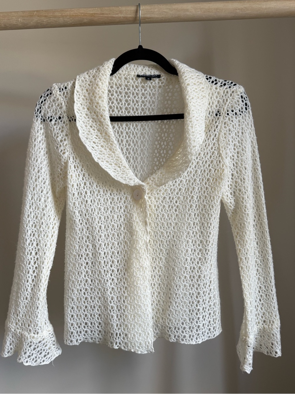 Vintage Open-Knit Shawl Collar Cardigan - Cream